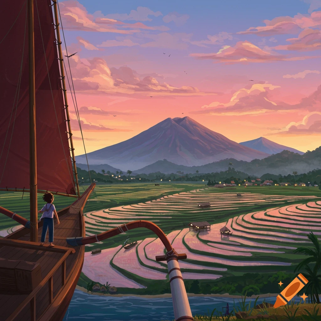 Illustration of a person on a traditional boat viewing terraced rice paddies and a large mountain under a vibrant sunset sky.