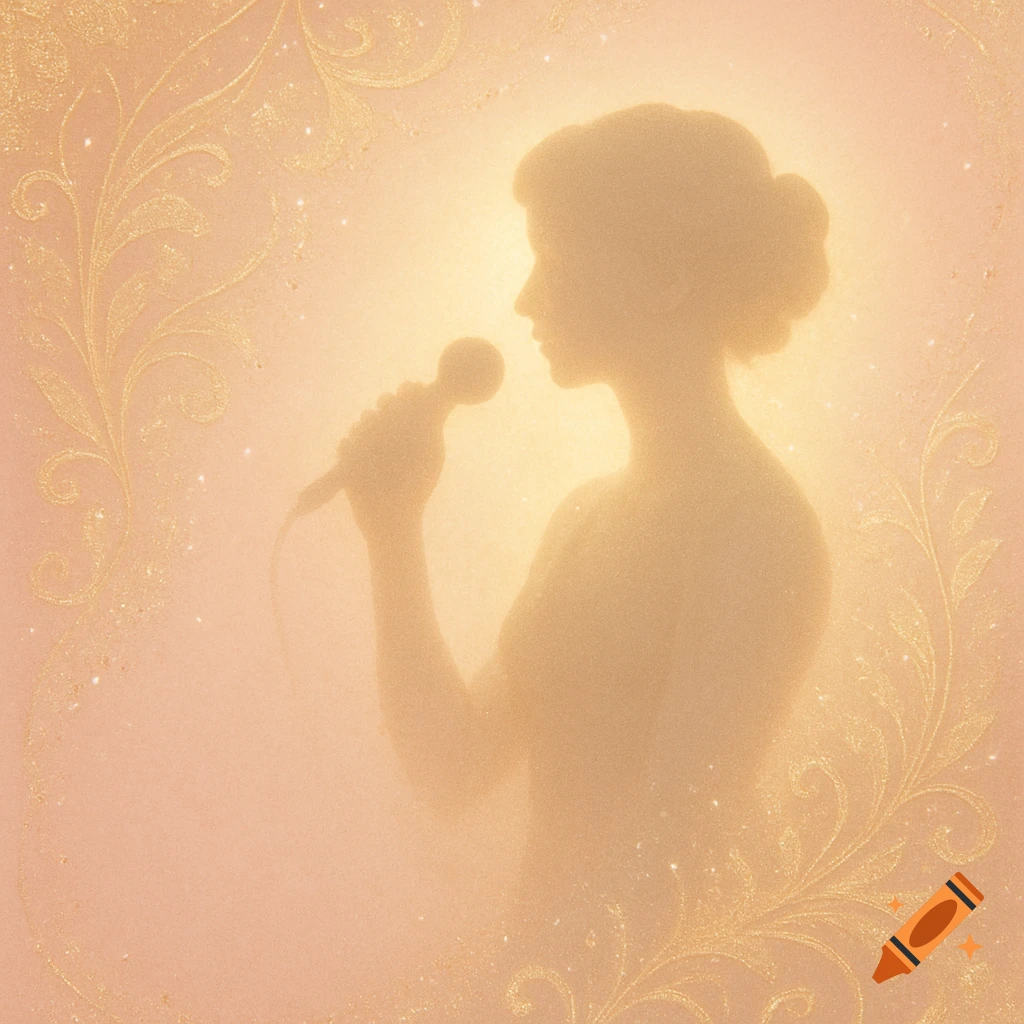 Golden silhouette of a person singing into a microphone, glowing against a pink background with decorative swirls.