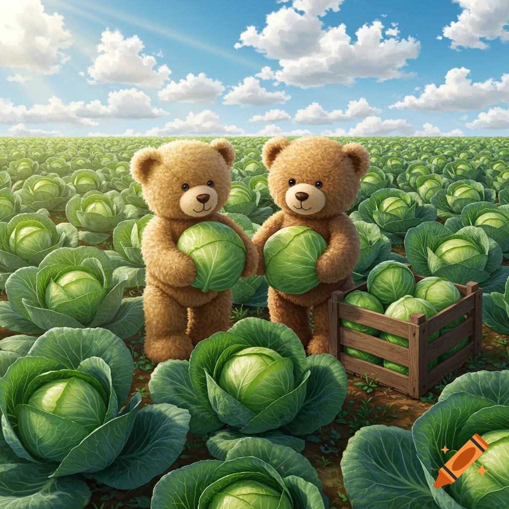 Two fluffy teddy bears in a sunny cabbage field hold green cabbages next to a wooden crate full of cabbages.