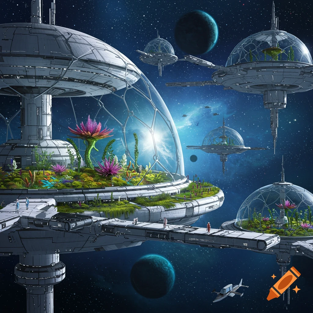 A detailed, photorealistic depiction of a futuristic space station with glass biodomes housing exotic plants, orbiting planets in deep space.