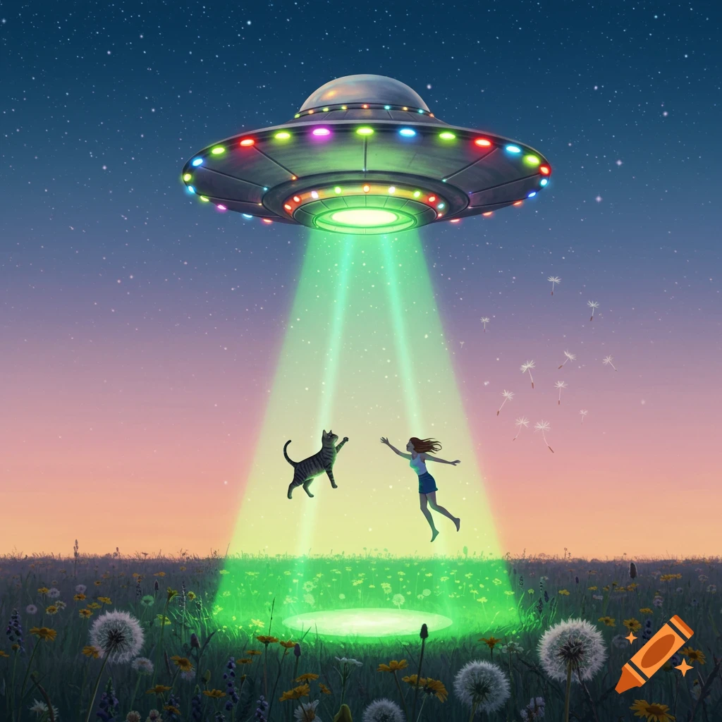 A whimsical scene of a colorful UFO beaming a cat and a person up from a field of dandelions under a starry twilight sky.