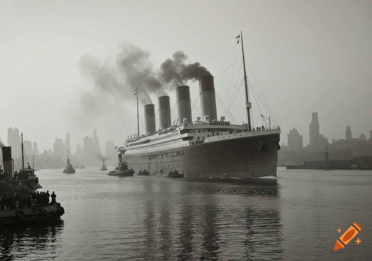 Black and white photo of the RMS Titanic ocean liner arriving in a hazy New York Harbor, surrounded by tugboats with a cityscape in the background.