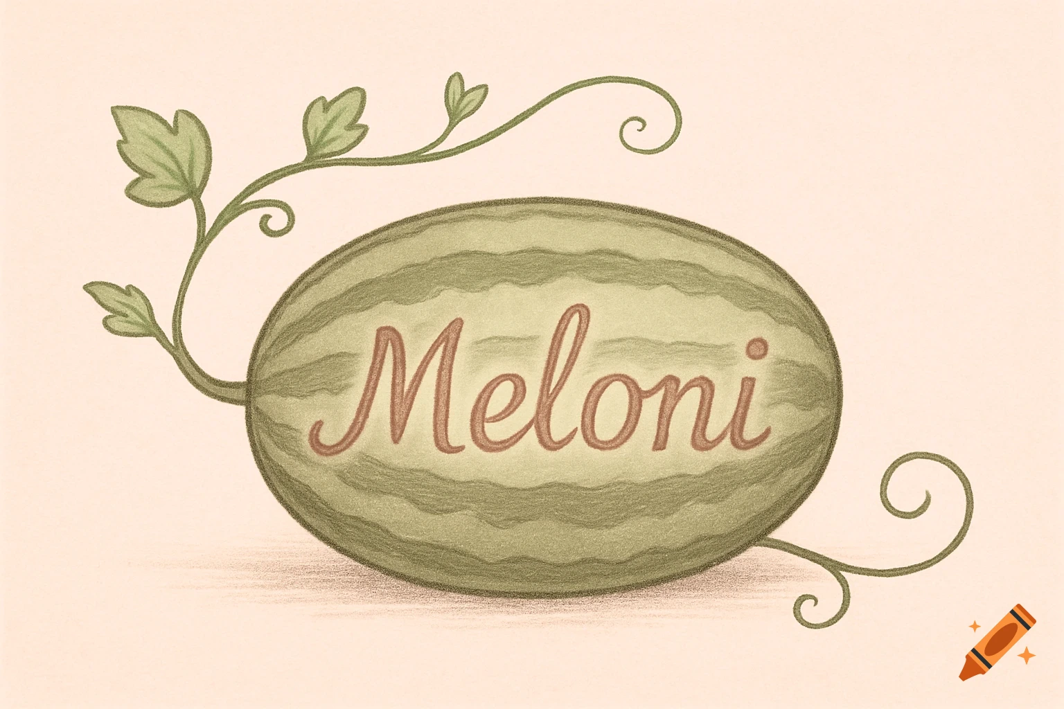 A stylized cartoon watermelon with green stripes, a green vine, and the word 'Meloni' written in reddish-brown cursive on its side.