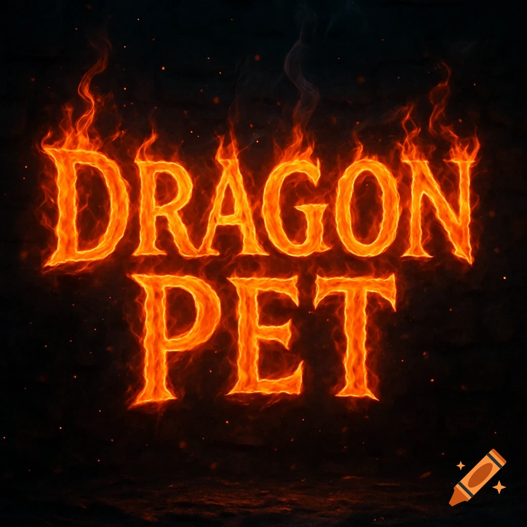 Fiery orange text spelling out "DRAGON PET" on a dark, smoky background with embers.