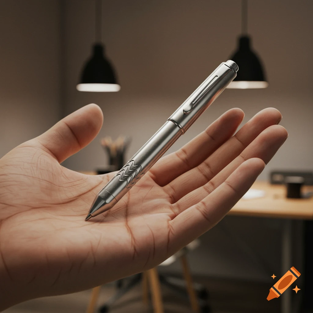 A sleek silver pen with decorative patterns rests in the palm of a hand, with a blurred office background.