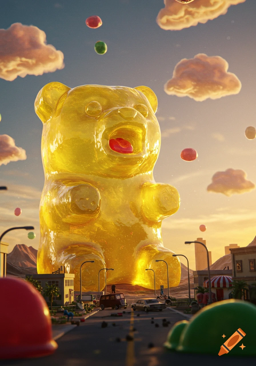 A giant translucent yellow gummy bear looms over a small city with colorful candies floating in the sky at sunset.