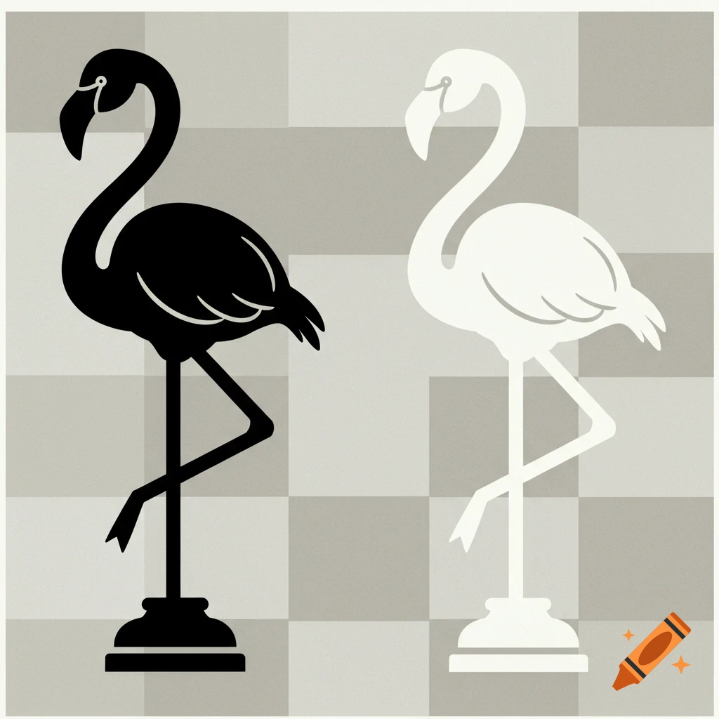 Black and white minimalist flamingo illustrations standing on bases against a checkered grey background.