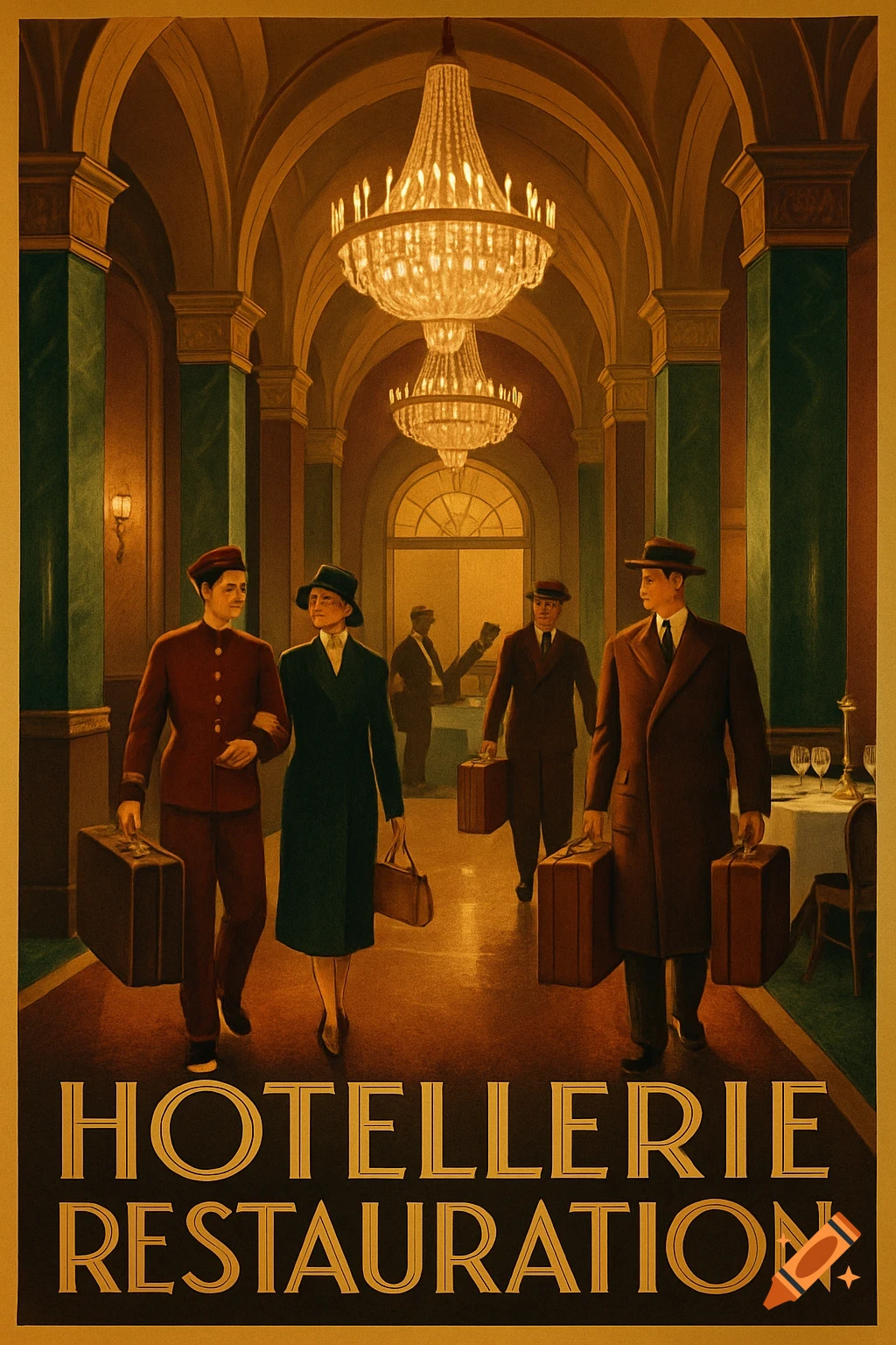Vintage poster art of people with luggage in a grand hotel lobby with chandeliers, text 'HOTELLERIE RESTAURATION'.
