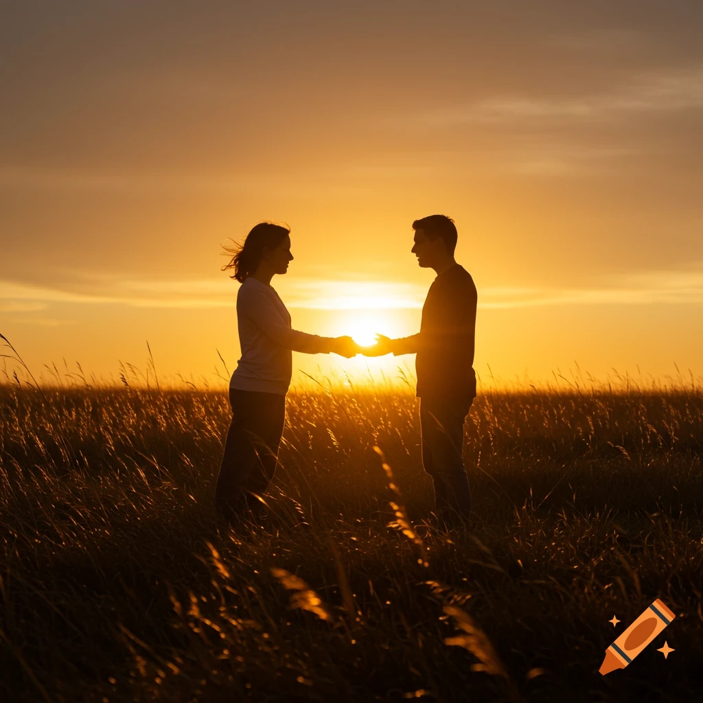 Silhouetted couple holds hands in a golden field during sunset.