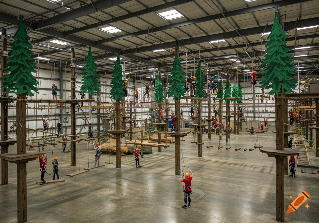 People navigate an indoor ropes challenge course with tree-like supports in a large warehouse. Photorealistic.