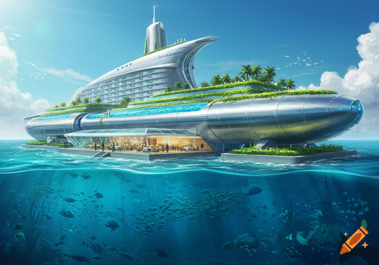 A futuristic hotel with an underwater restaurant, featuring a sleek design and lush greenery, surrounded by vibrant marine life.