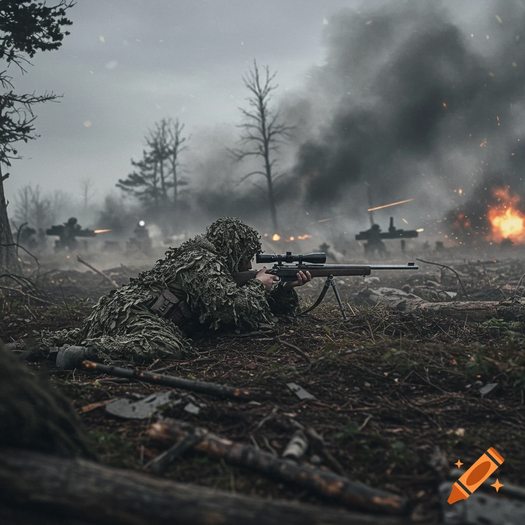 A camouflaged sniper aims a rifle in a smoky, war-torn forest battlefield with distant explosions.