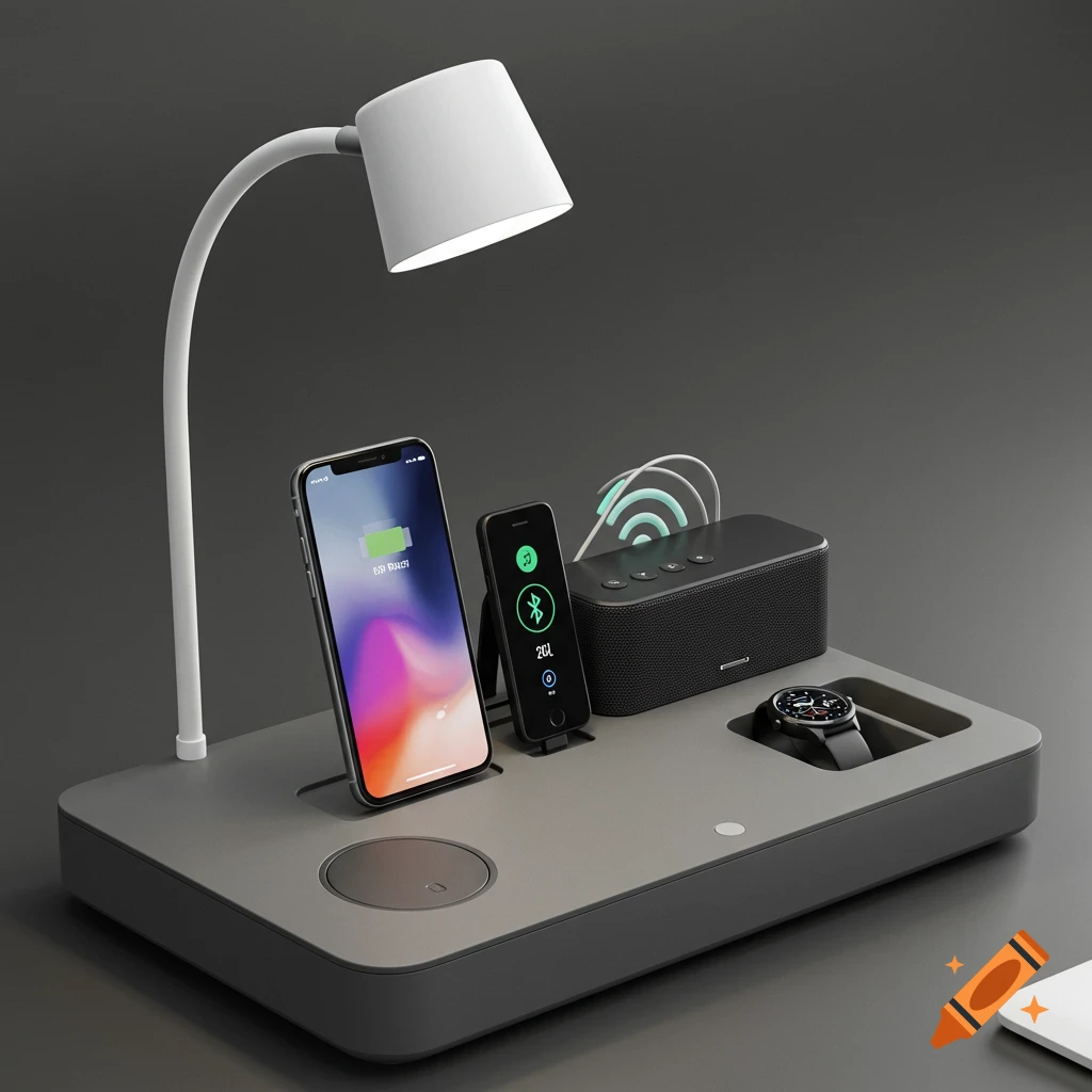 A sleek, gray smart desk organizer featuring an LED lamp, a smartphone charging, a smaller phone stand, a Bluetooth speaker, and a smartwatch.