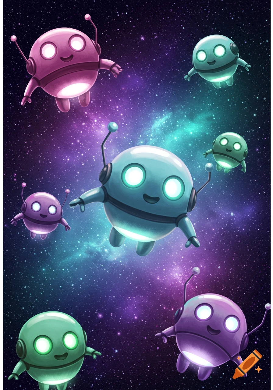 Cute, round, colorful robots with glowing eyes and antennas float in a vibrant purple and teal galaxy.