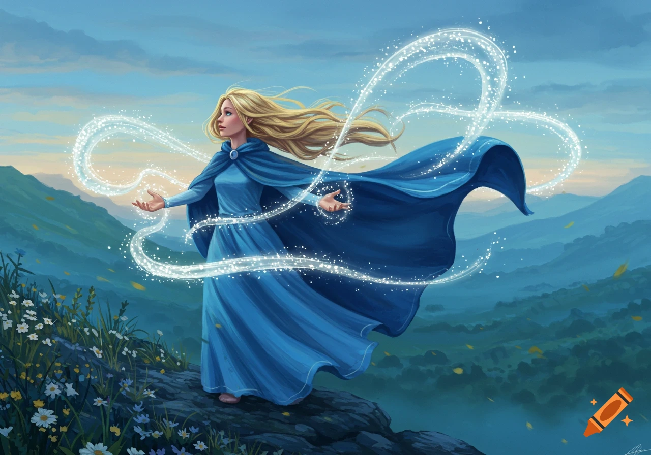 A blonde girl in a flowing blue cape stands on a mountain cliff, conjuring glowing magical light with outstretched hands. Mountains and wildflowers are in the background.
