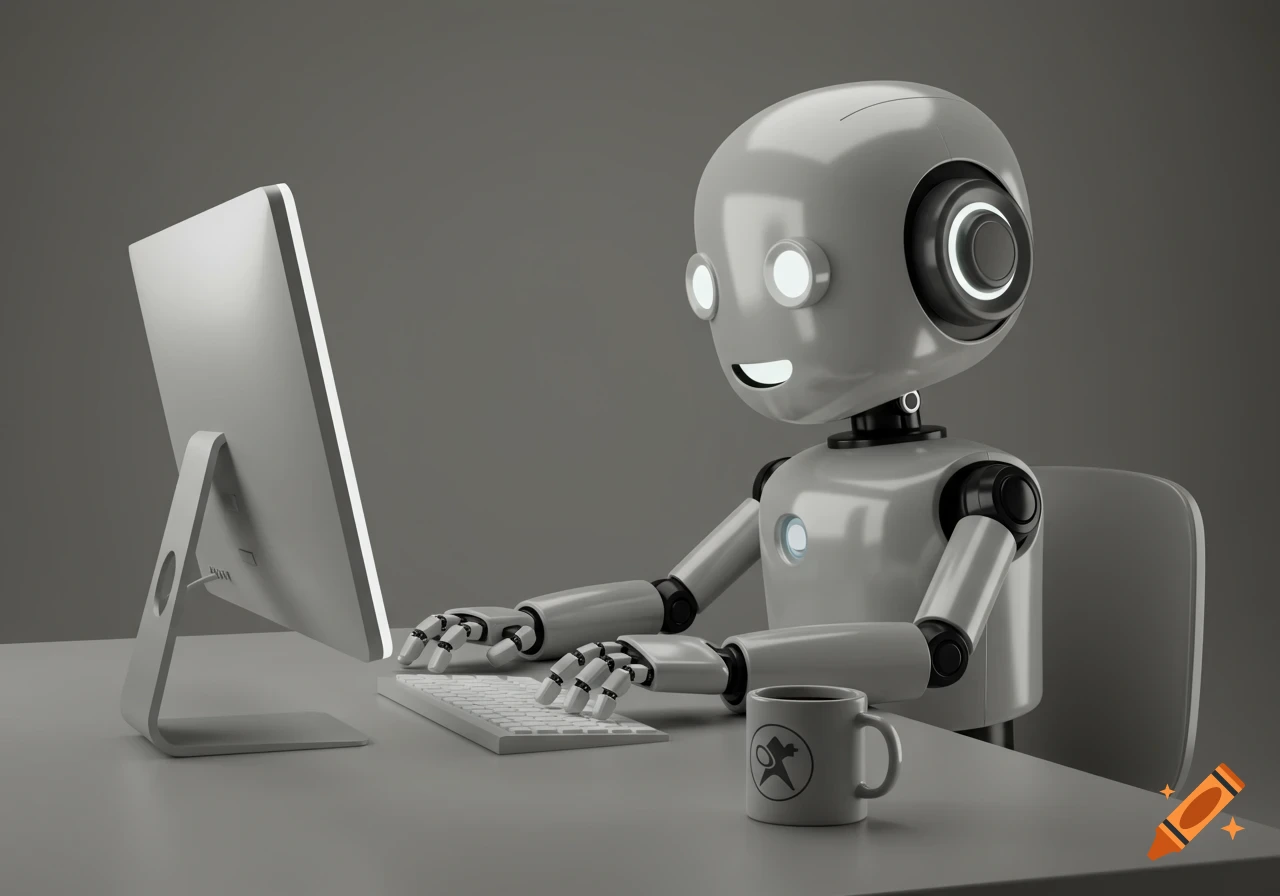 A friendly, shiny grey robot with glowing eyes and a smile sits at a desk, typing on a white keyboard while looking at a computer monitor. A mug with a logo is next to the keyboard.