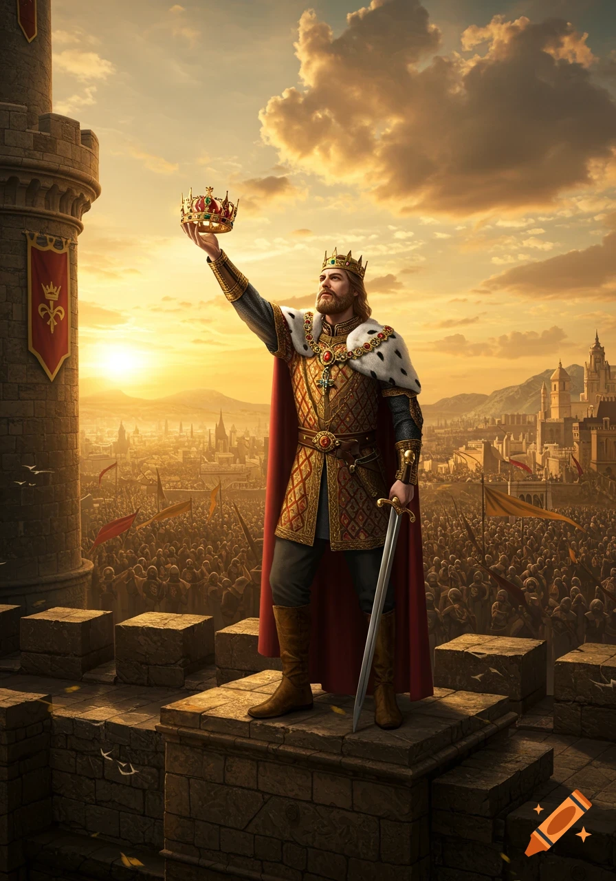 A majestic king in ornate robes and crown stands on a castle tower, raising a crown aloft over a cheering crowd and a golden city at sunset.