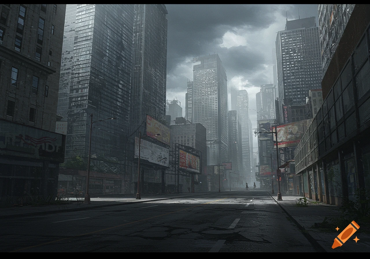 A gloomy, deserted city street lined with tall, dilapidated skyscrapers under a dark, cloudy sky, evoking a dystopian or post-apocalyptic atmosphere.