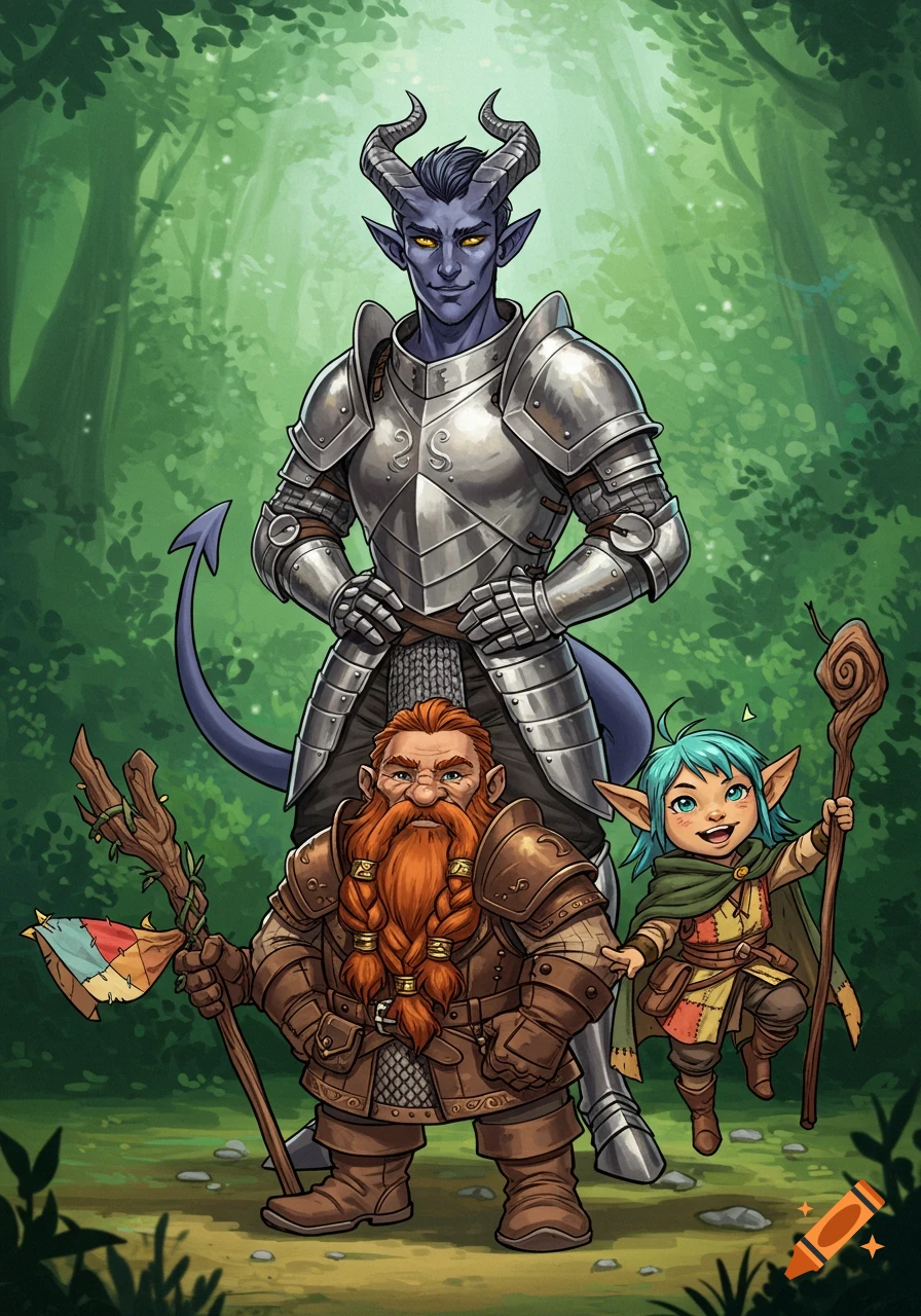 A tiefling knight, a dwarf, and a halfling stand in a lush forest, depicted in a colorful fantasy art style.