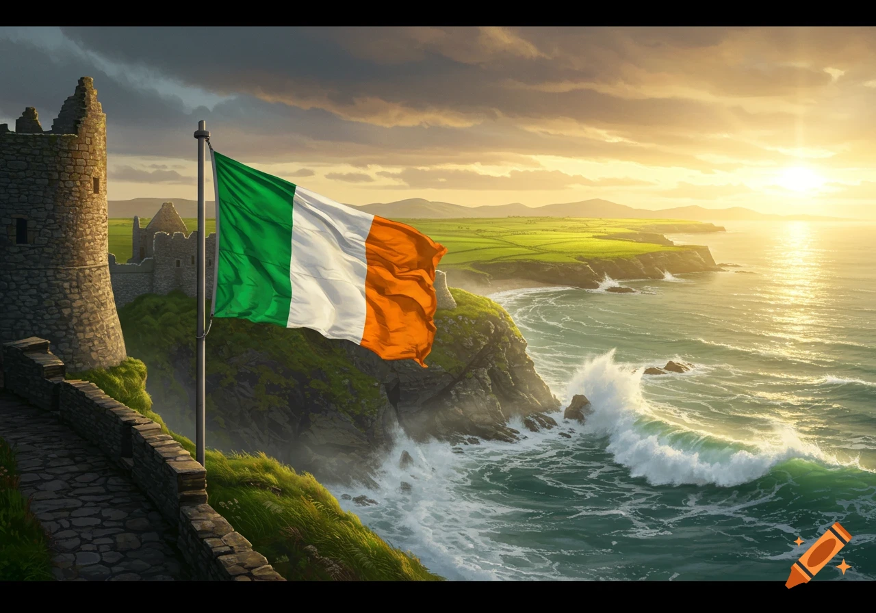 Irish flag flying over a ruined castle on a cliff overlooking a stormy ocean with a vibrant sunset.