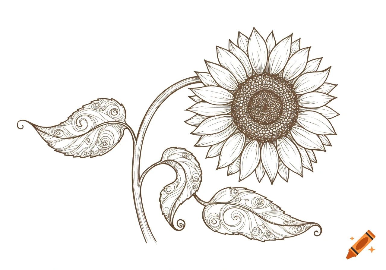 Ink line drawing of a whimsical sunflower with a detailed center and swirly leaves on a white background.
