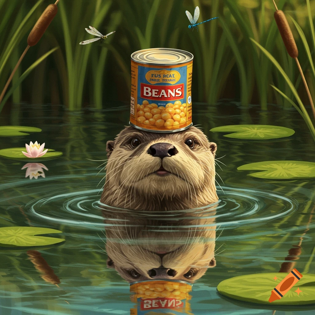 An otter's head pokes out of a pond with a can of beans balanced on its head, surrounded by lily pads and reeds, with dragonflies flying above.