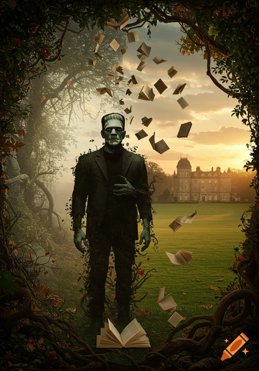 Frankenstein's monster stands in an overgrown archway of trees and roots, with books flying around him and a mansion in a field at sunset.