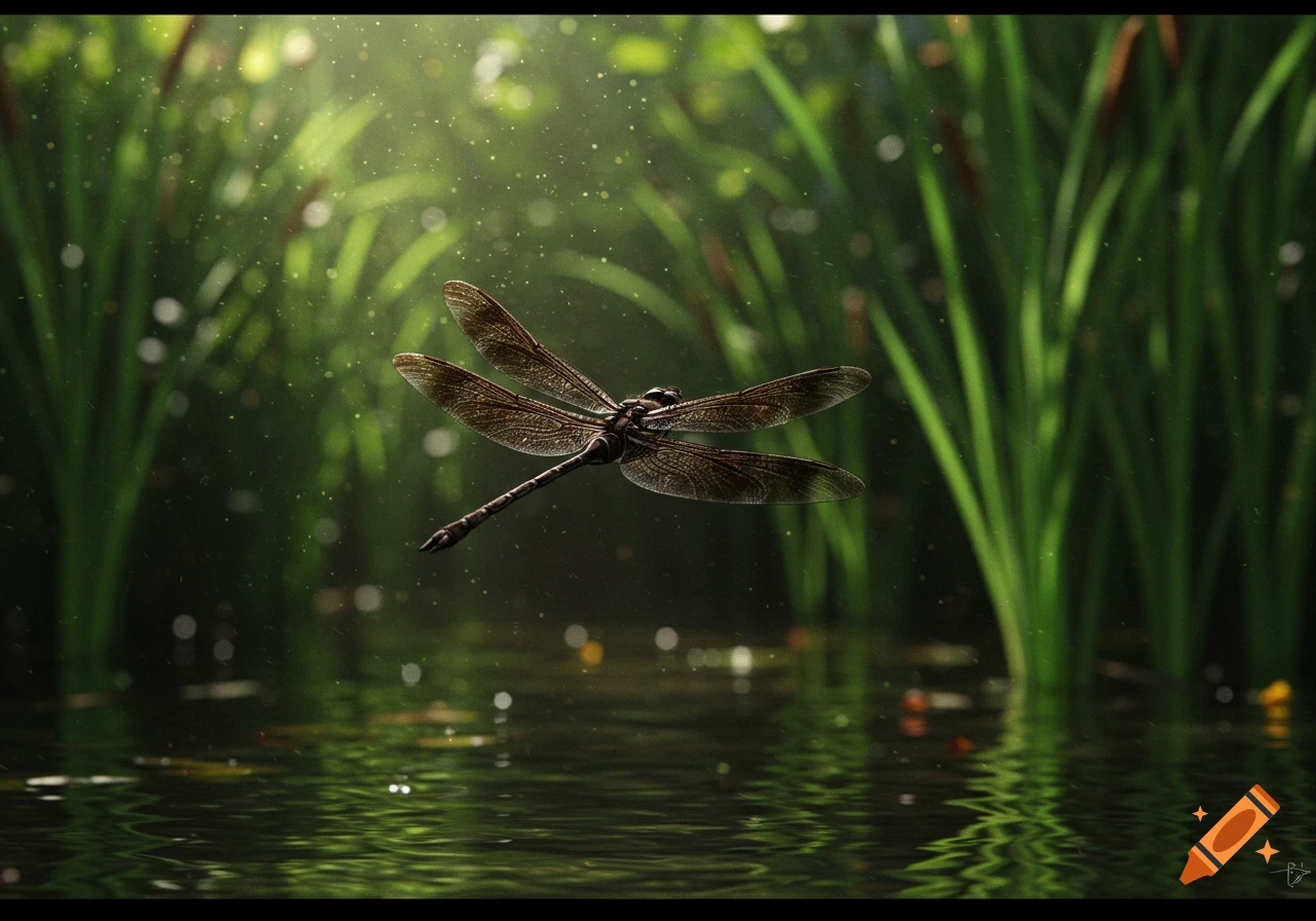 A close-up, photorealistic image of a black and brown dragonfly hovering over water amidst green reeds.