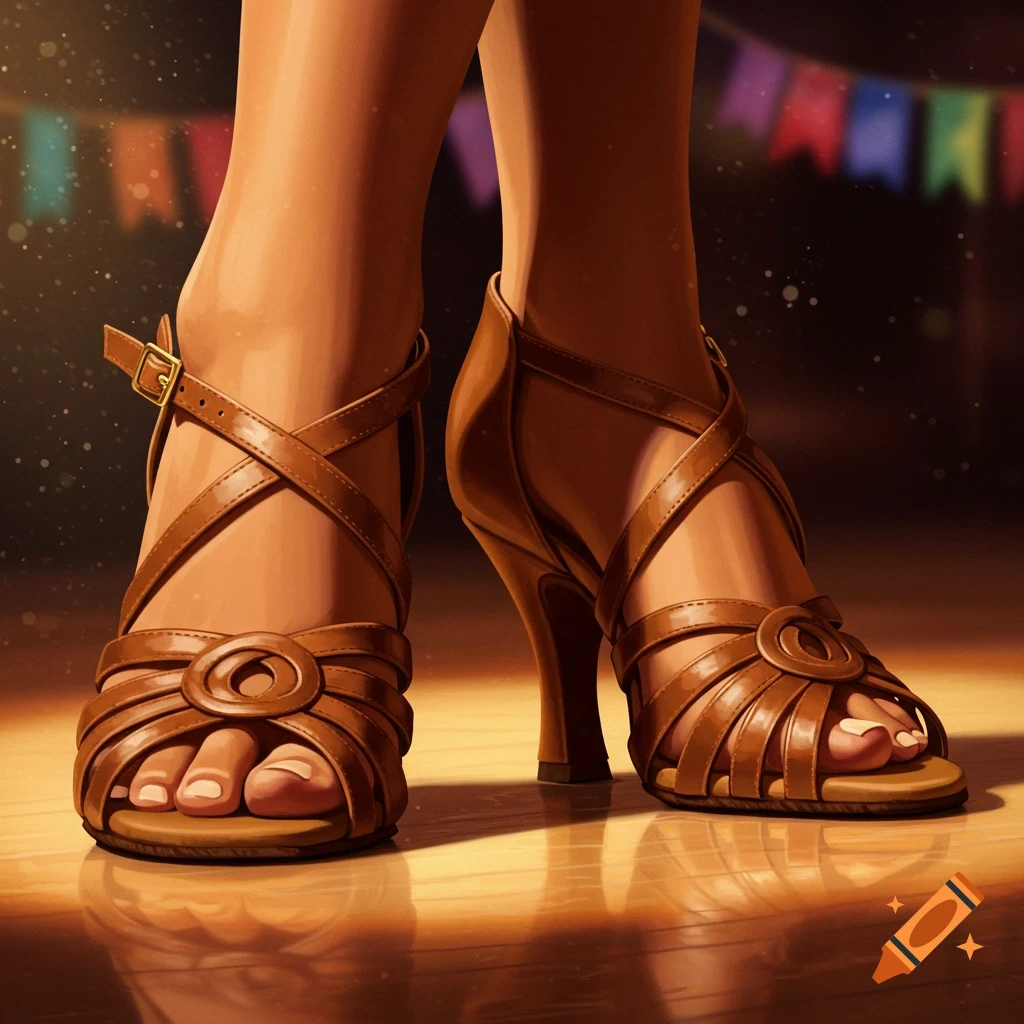 Close-up of feet wearing brown strappy Latin dance sandals on a reflective wooden floor, with colorful bunting in the blurred background.