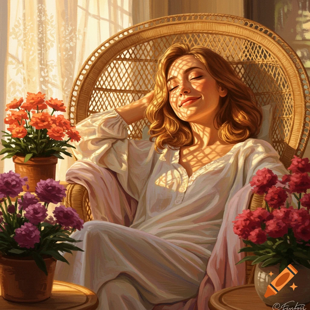 Artistic painting of a woman with closed eyes smiling in a wicker chair, dappled in sunlight, surrounded by potted flowers.