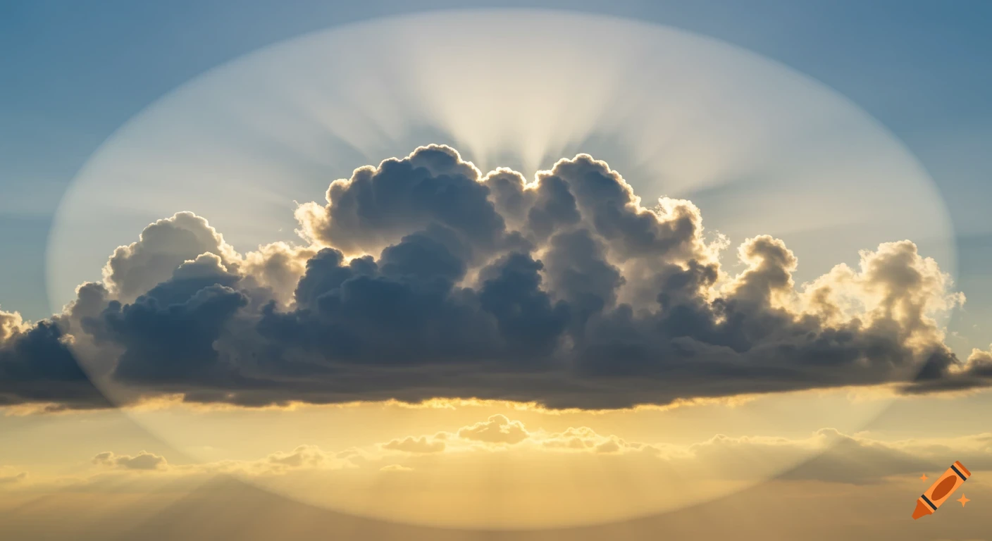 Dramatic golden sun rays burst from behind a large, dark cloud in an oval-framed, bright sky during sunset or sunrise.