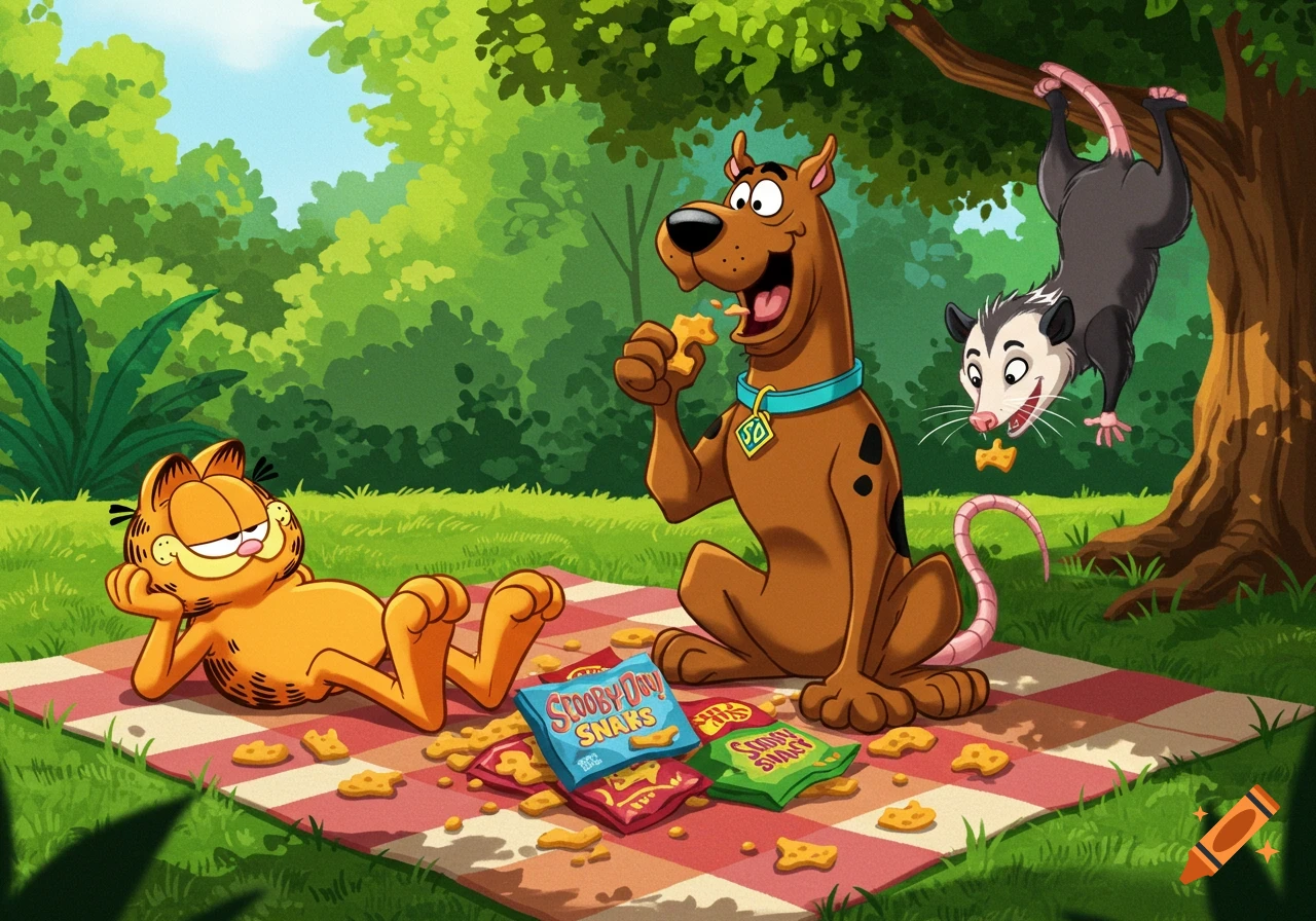 Cartoon Garfield, Scooby Doo, and an opossum on a picnic blanket, eating Scooby Snacks in a forest.