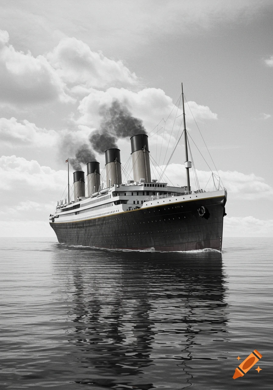 A black and white photorealistic image of the RMS Titanic sailing on calm waters under a cloudy sky.