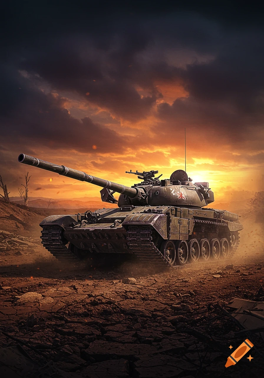 A detailed military tank sits on cracked ground under a dramatic orange and dark cloudy sunset sky.