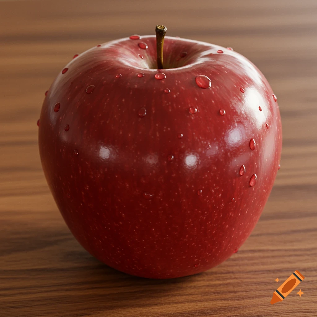 A hyper-realistic close-up of a shiny red apple with water droplets, resting on a wooden table.