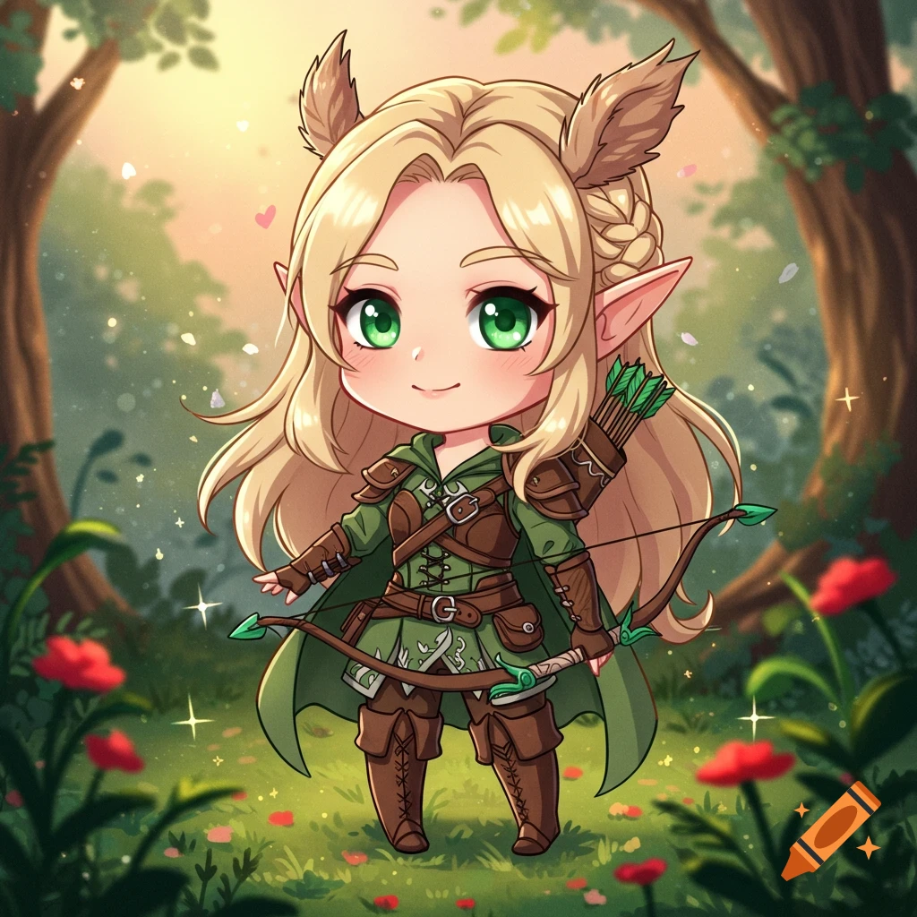 Chibi female elf ranger with blonde hair and green eyes, wearing armor, holding a bow in a magical forest.