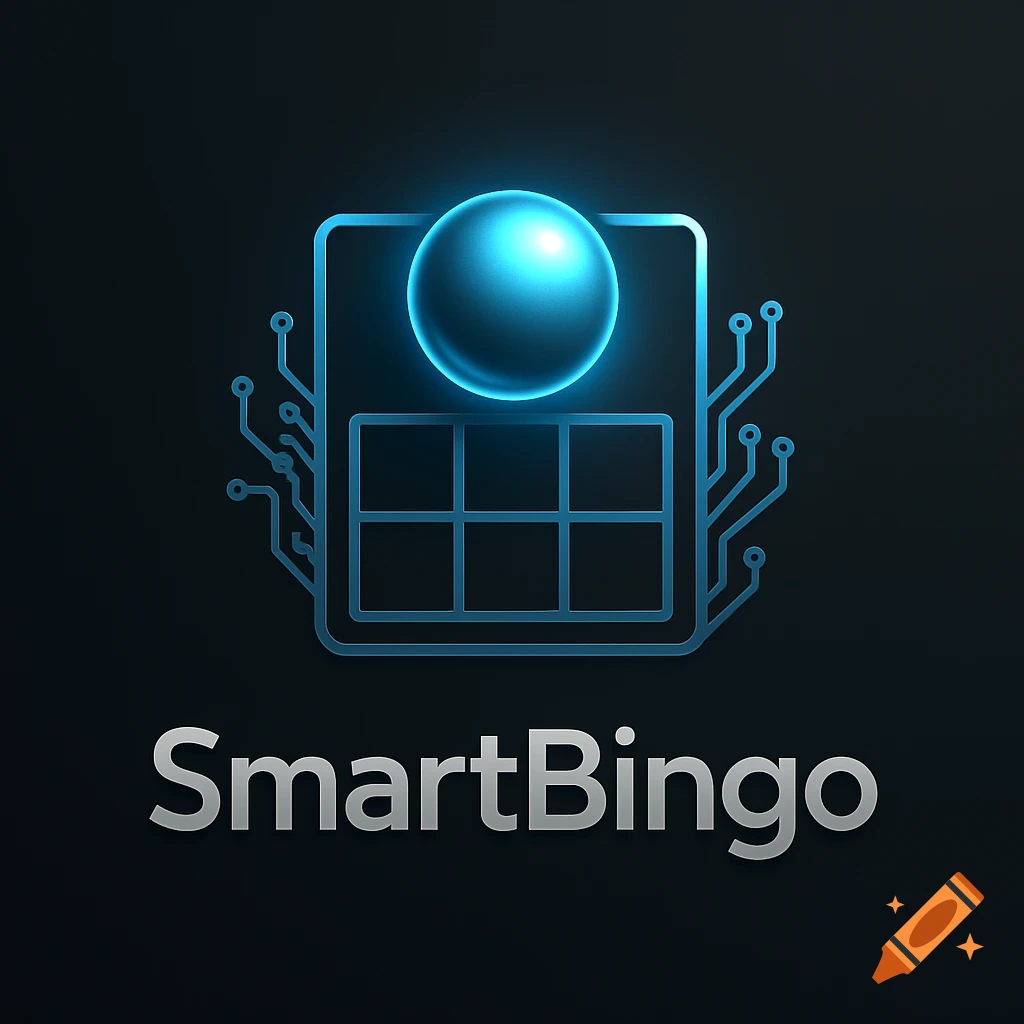 A digital logo for 'SmartBingo' featuring a glowing blue sphere above a bingo card outline with circuit board elements on a dark background.