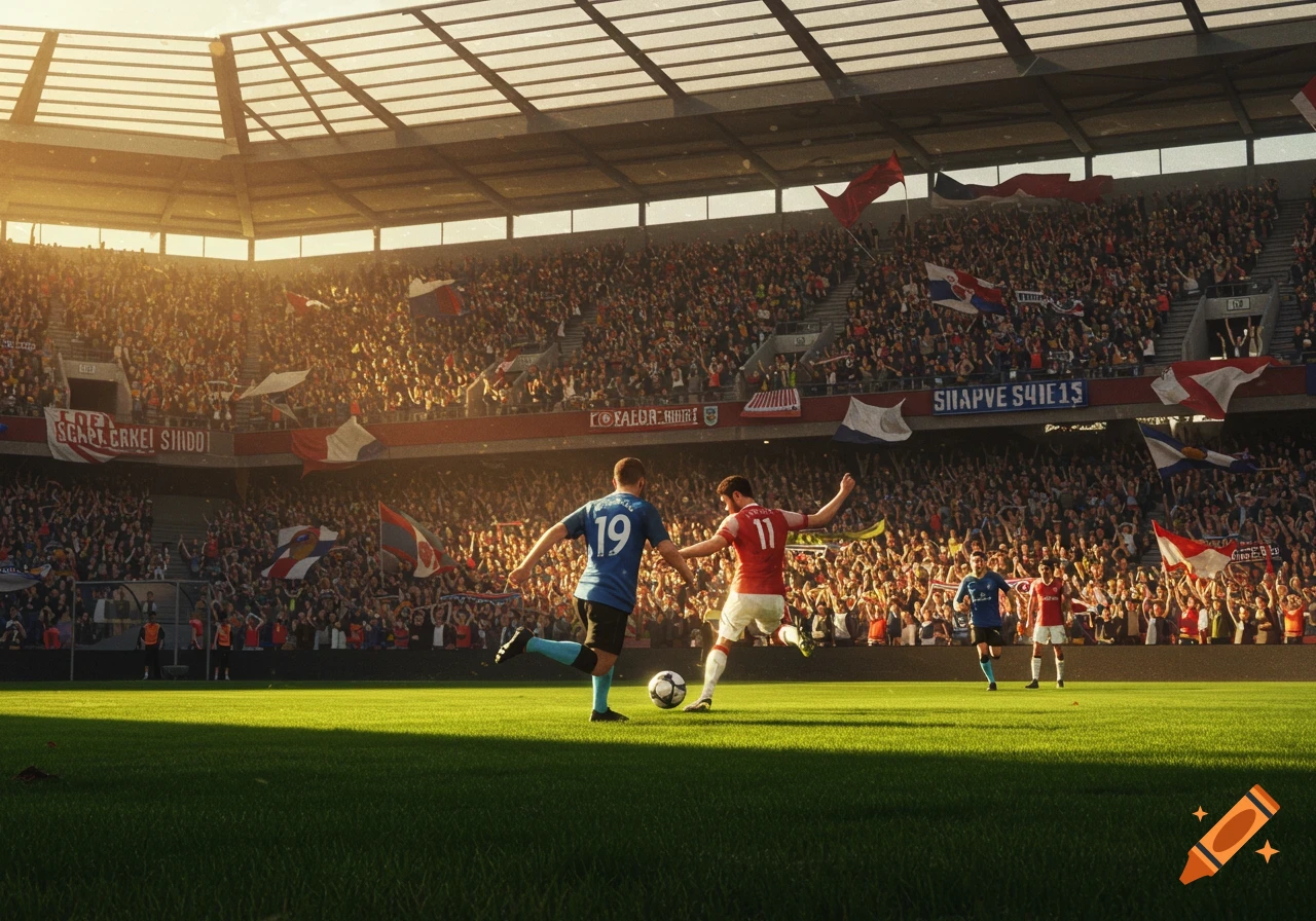A photorealistic shot of a soccer match in a packed stadium at sunset, with two players contesting the ball on the field.