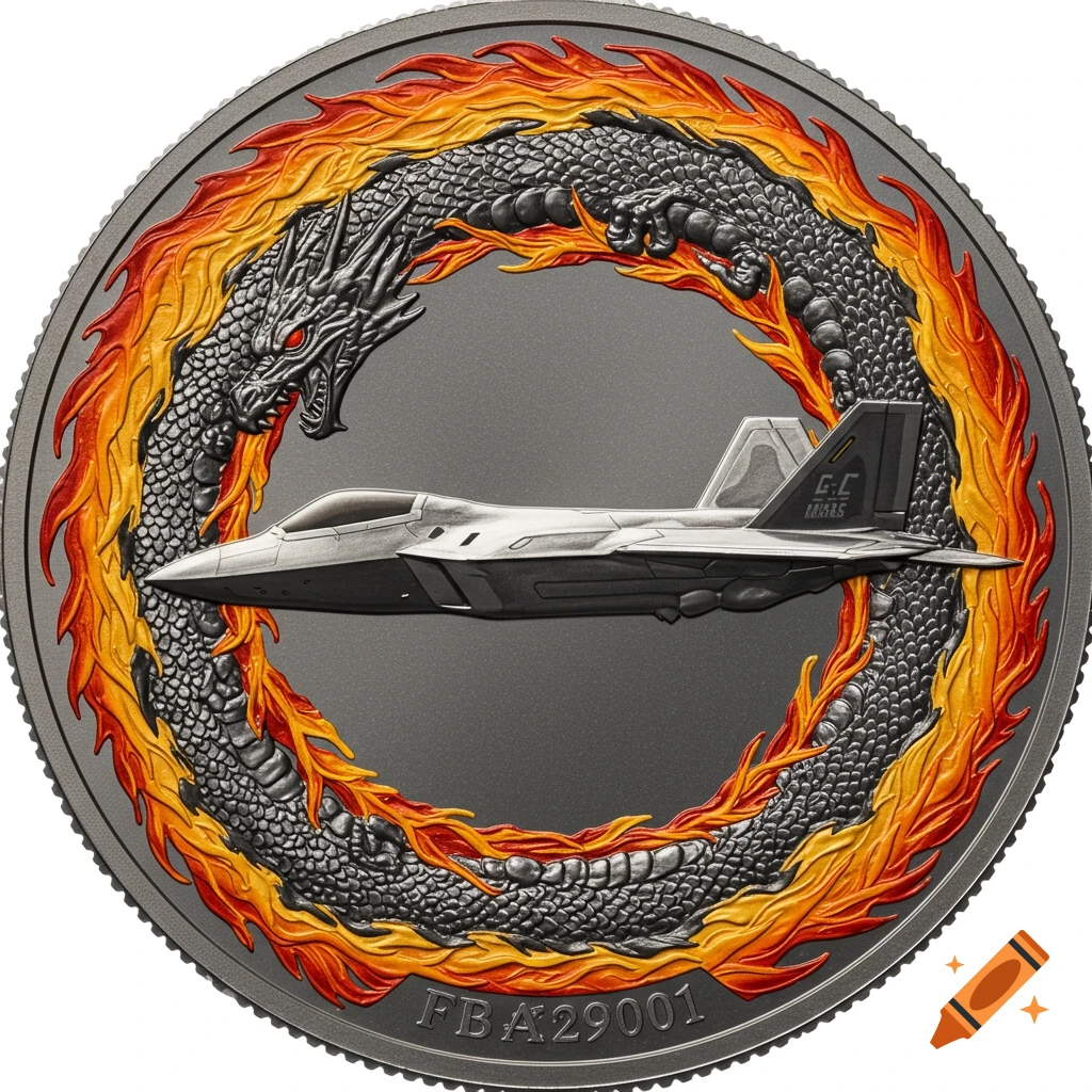A commemorative coin featuring a detailed dragon surrounded by flames in an ouroboros shape, encircling a silver F-22 Raptor fighter jet against a dark gray background.