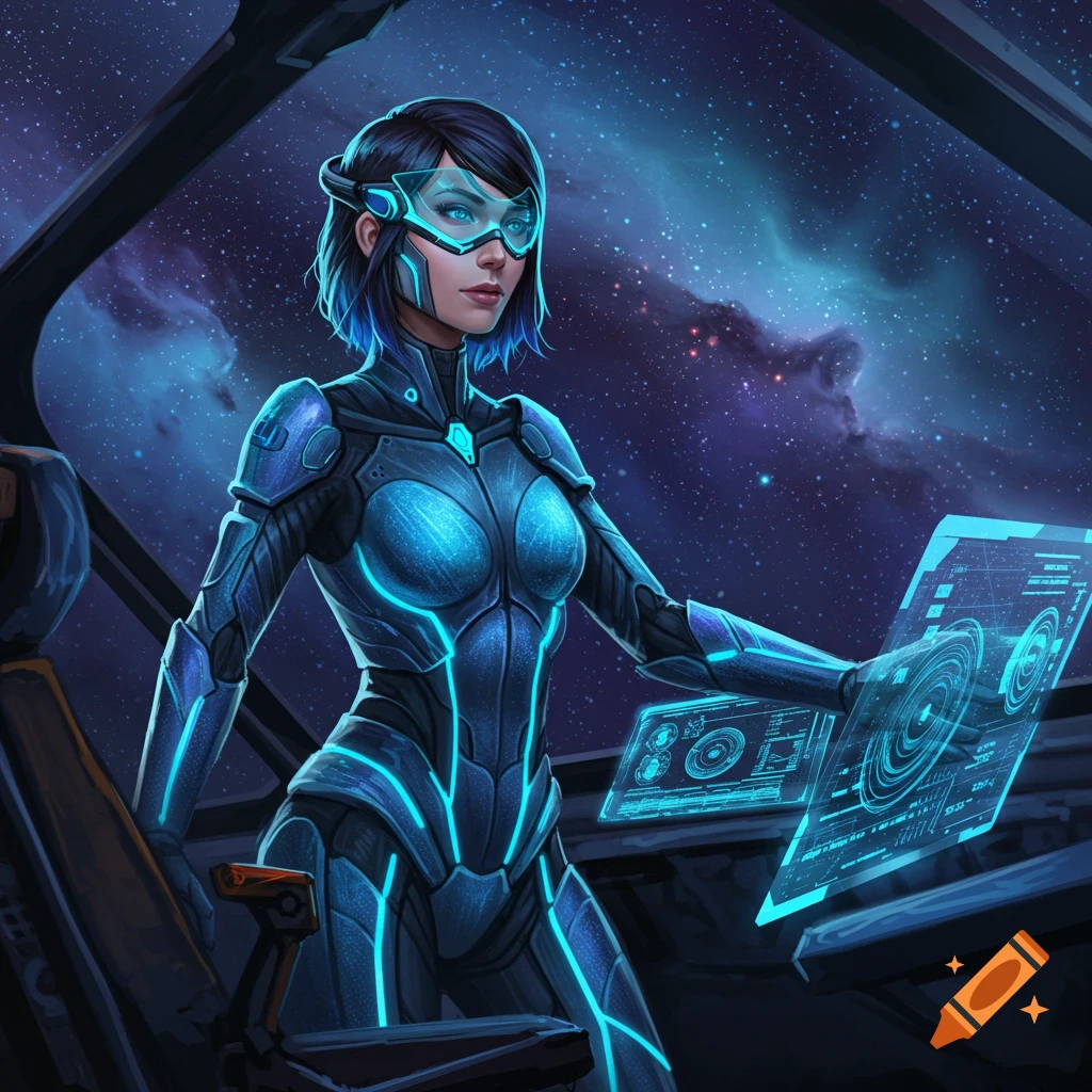 A female sci-fi pilot in a futuristic suit operates holographic controls inside a spaceship cockpit, with a starry nebula visible outside.