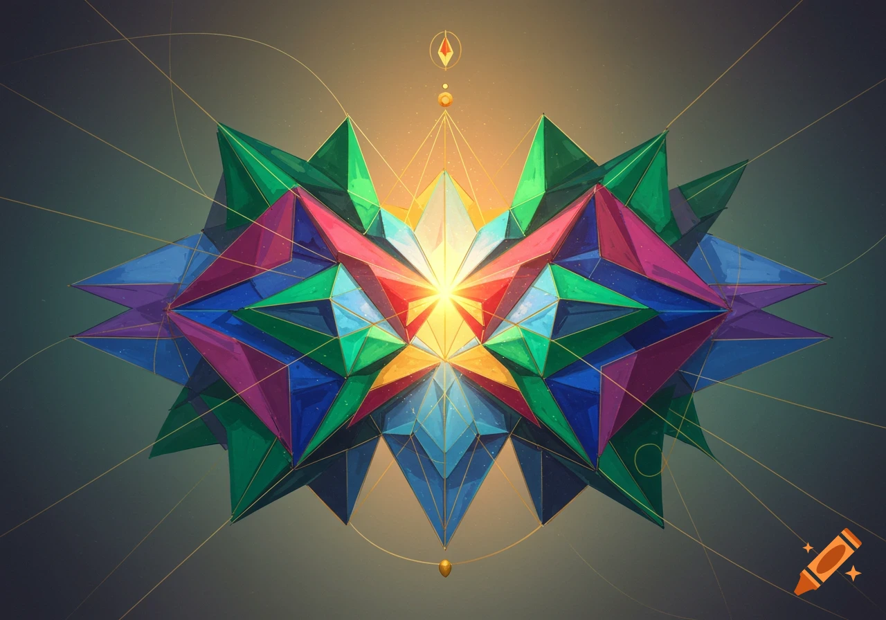A symmetrical, multi-faceted geometric shape radiating light, composed of colorful polygons and golden lines on a dark background.