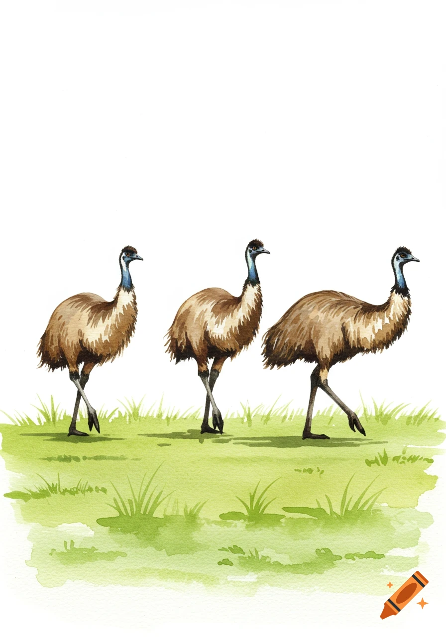 Three emus with brown bodies and blue necks walk across green grass in a watercolor illustration.