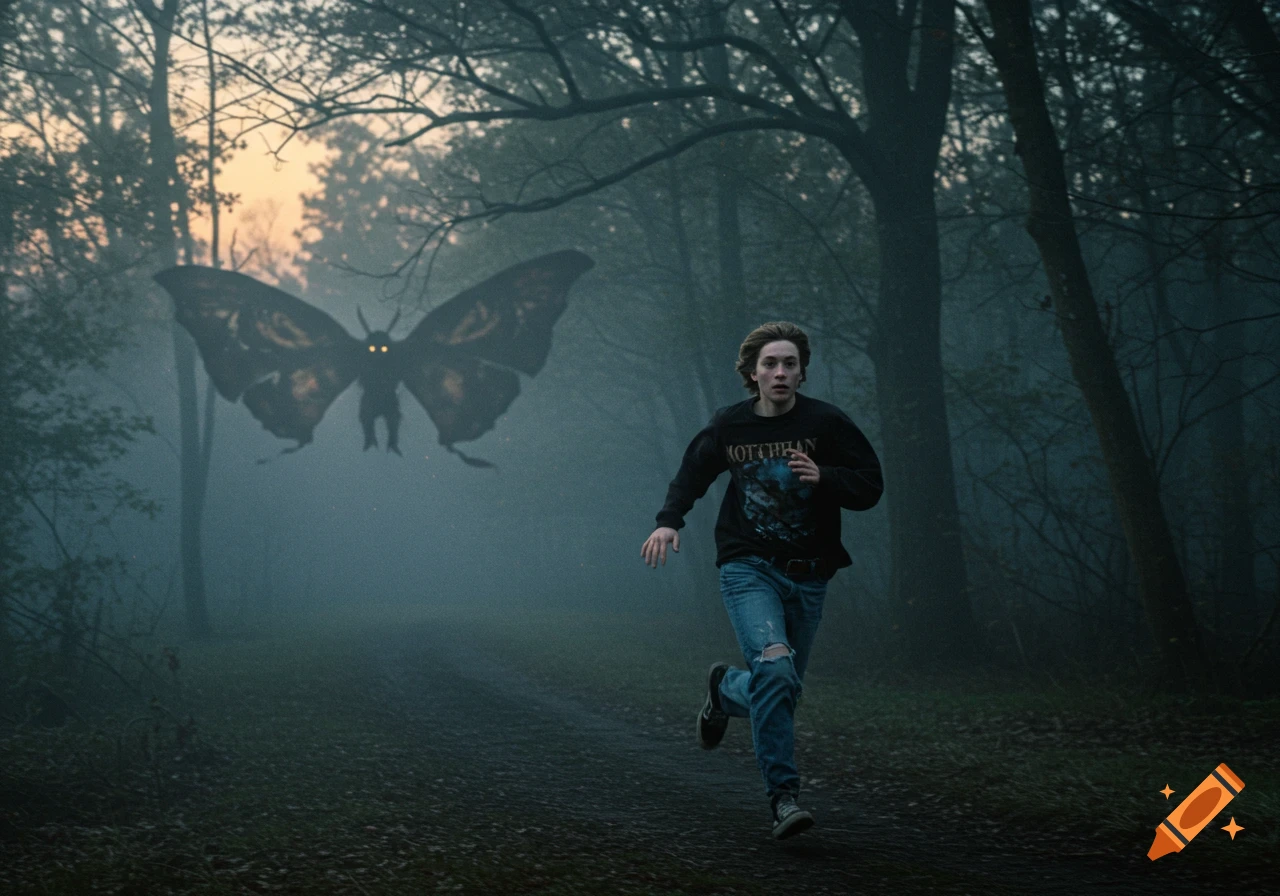 A young person runs through a foggy forest, looking back at a large, dark winged creature with glowing eyes chasing them.
