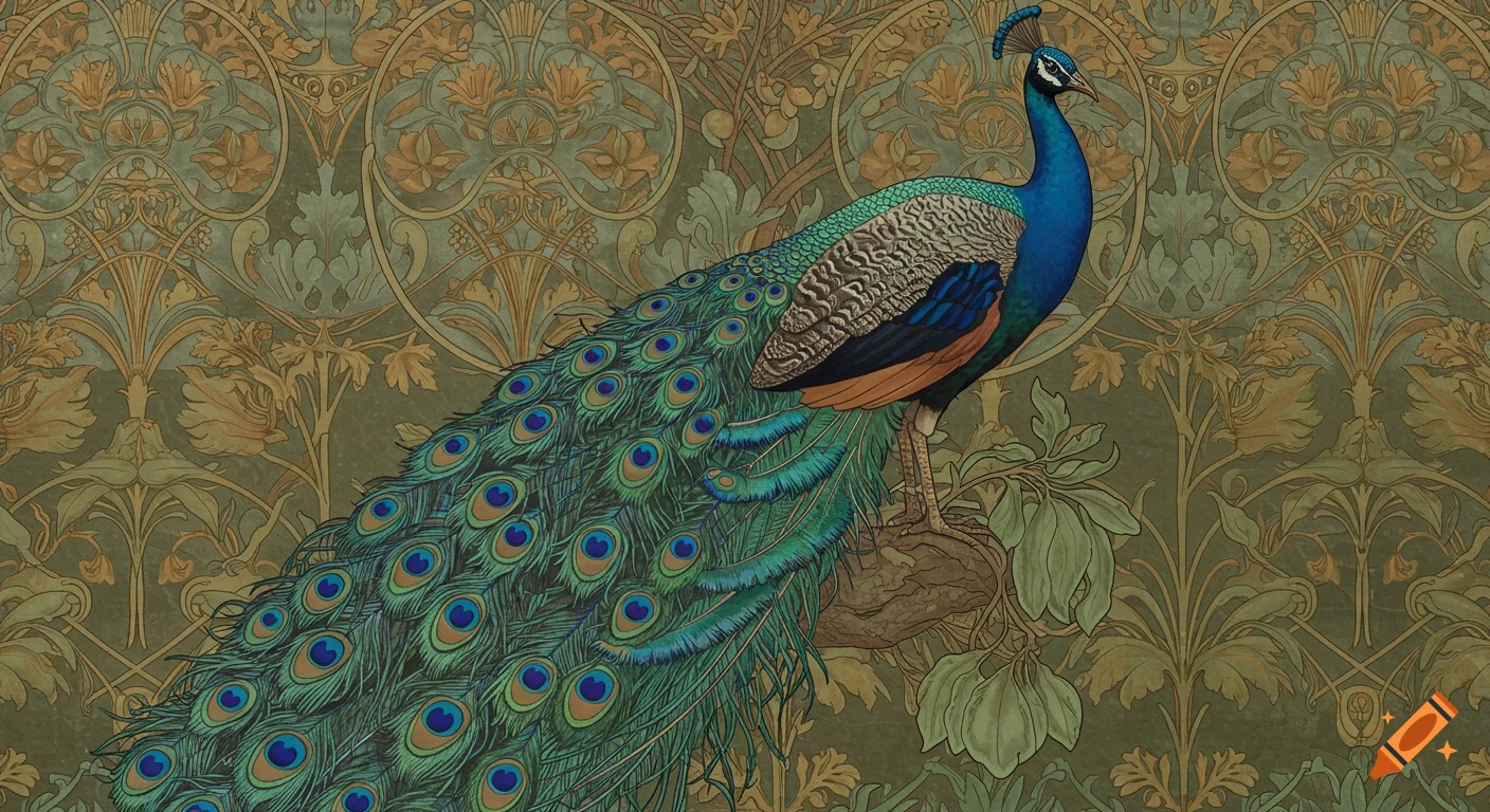 Art Nouveau illustration of a peacock with a long, vibrant tail against an intricate, ornamental patterned background.