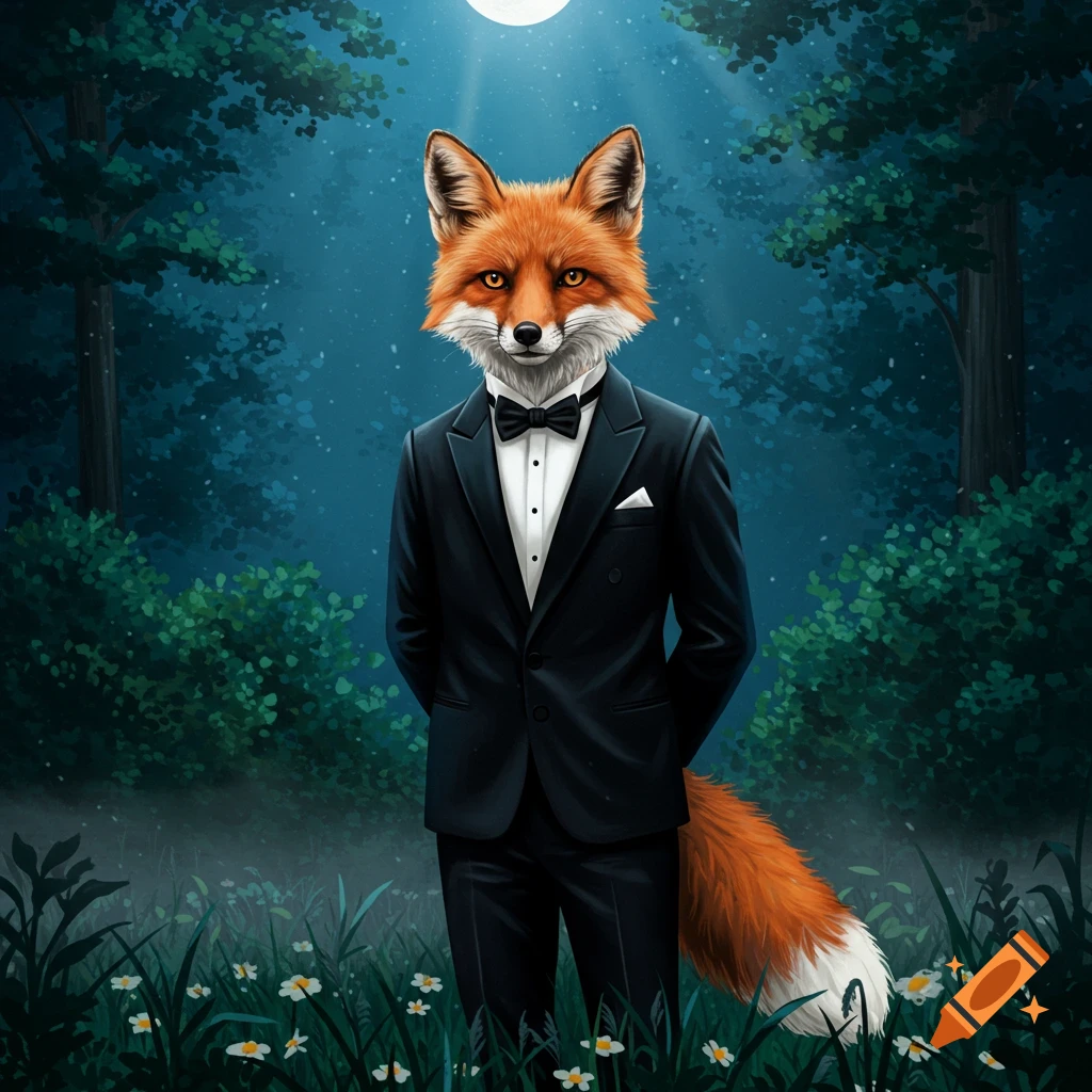 A distinguished anthropomorphic fox in a black tuxedo stands in a moonlit forest with small white flowers on the ground.