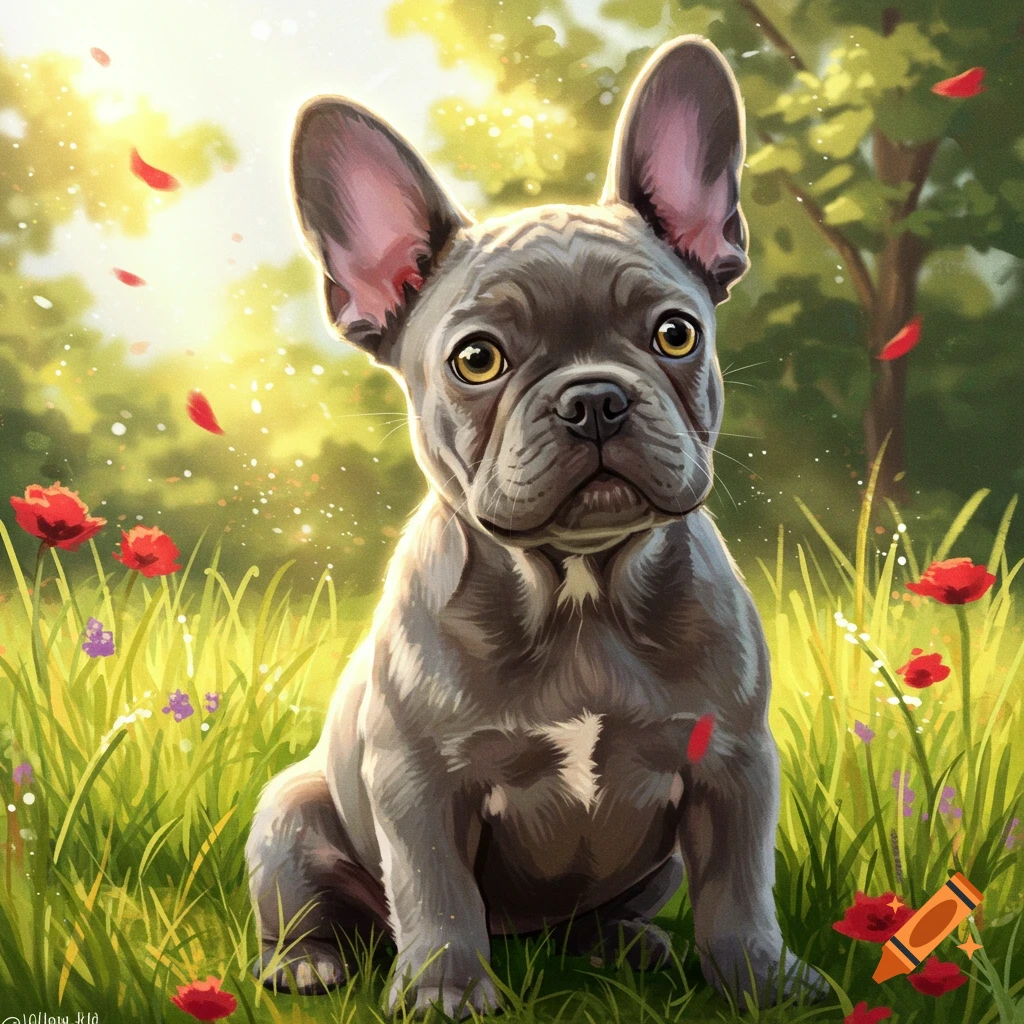 Cute grey French Bulldog puppy with yellow eyes sitting in a sunny green field with red flowers, digital art.