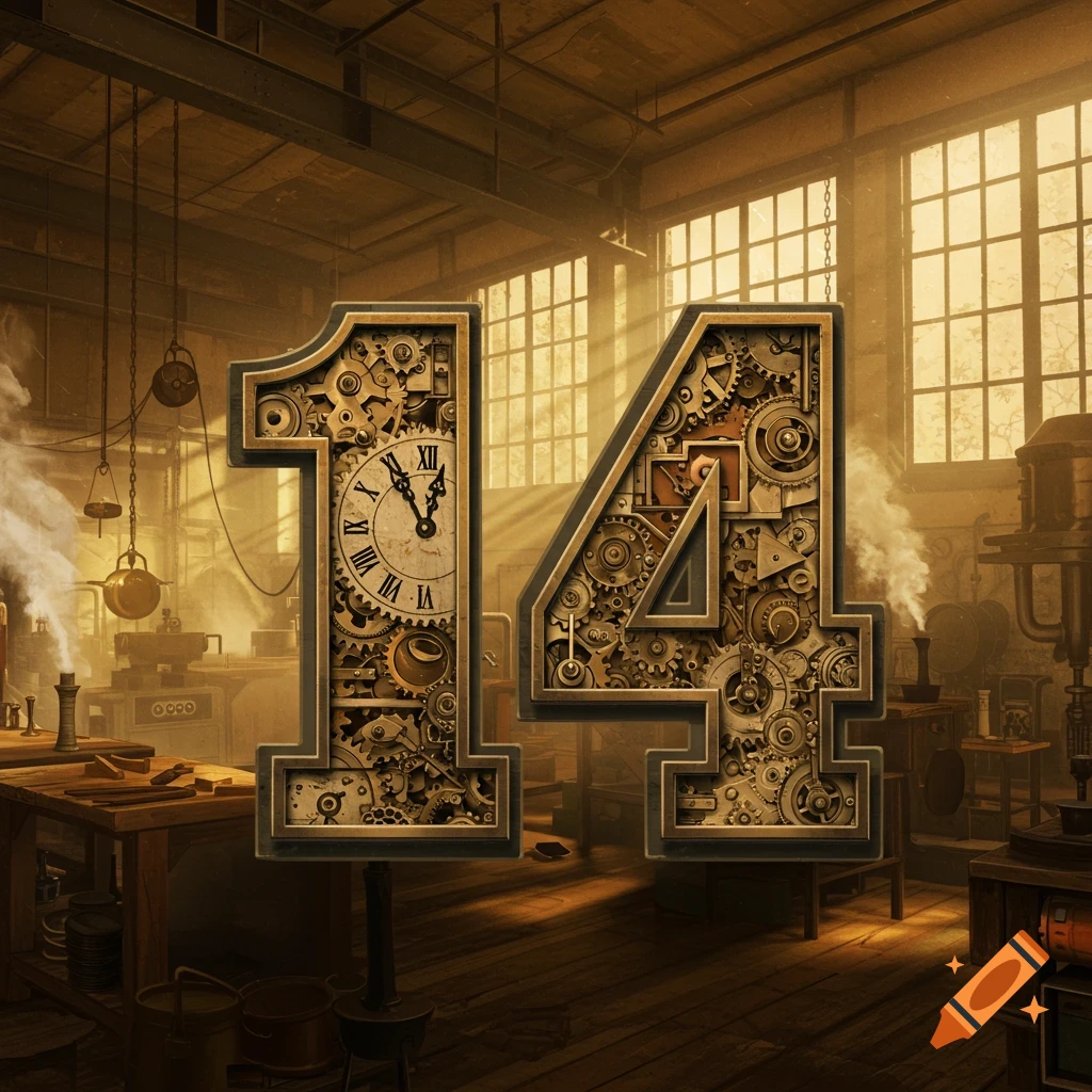 Steampunk style numbers '14' made of gears and clockwork, in a dusty workshop.
