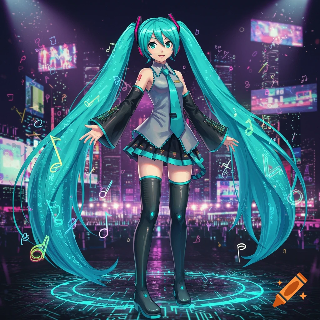 Hatsune Miku stands with glowing cyan hair and outfit, surrounded by floating musical notes and abstract data patterns in a vibrant, neon-lit cityscape at night.