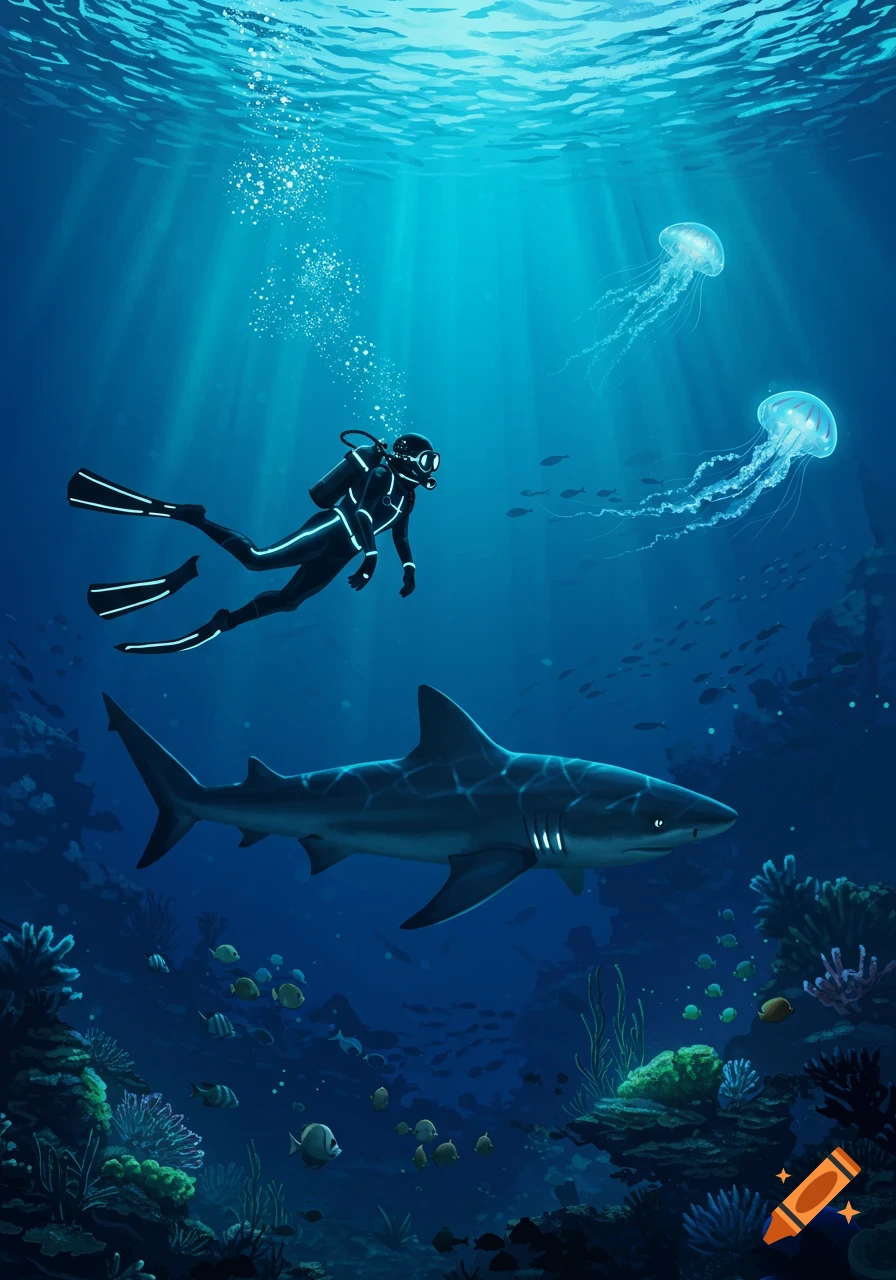 A stylized illustration of a scuba diver with glowing suit details swimming near a shark and jellyfish in deep blue water.