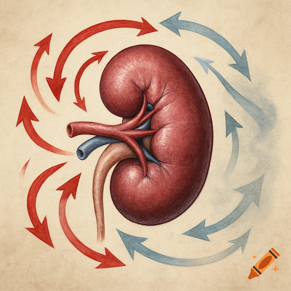 An anatomical illustration of a kidney with red arrows entering from the left and blue arrows exiting to the right, on a textured background.